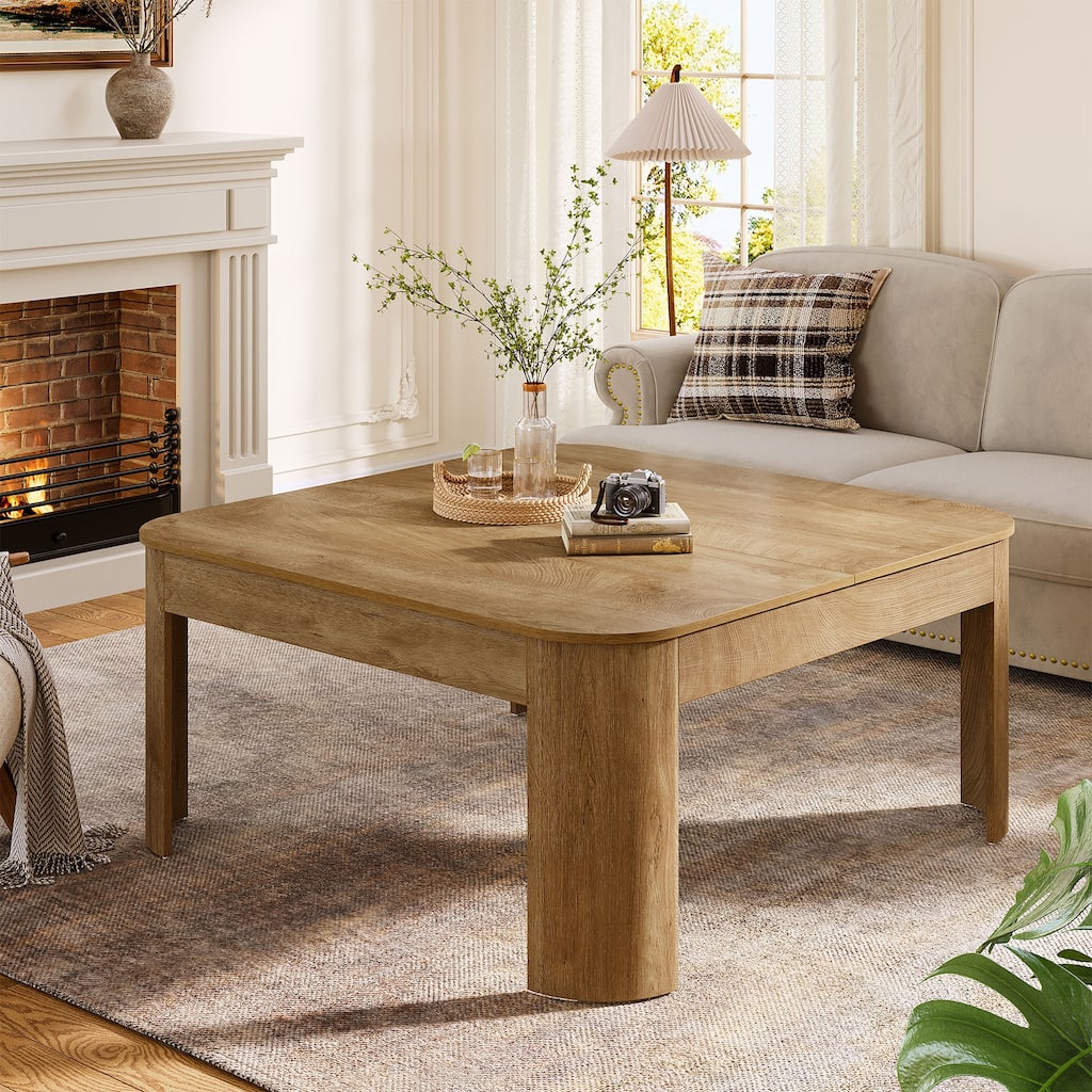 Farmhouse Square Coffee Table, 39.37" Wooden Center Tea Table with Sturdy Curved Legs for Living Room