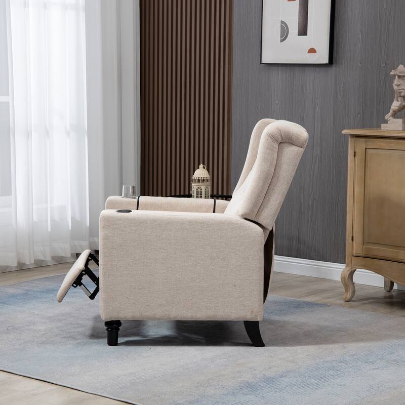 Linen Fabric Wingback Push Back Recliner Chair with 2 Hidden UBS Ports