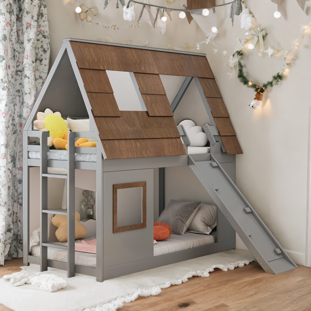 Grey Wood Twin Size House Bunk Bed with Window Roof, Ladder and