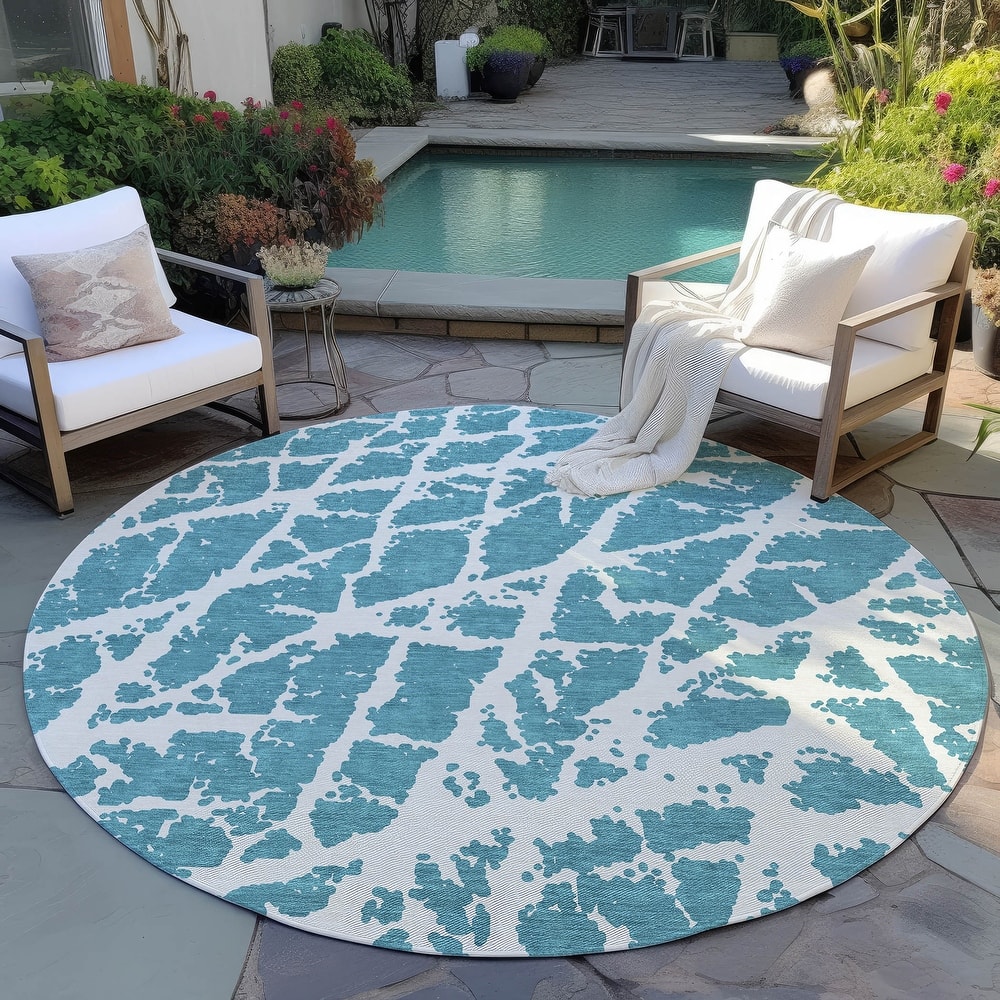 Machine Washable Indoor/ Outdoor Transitional Teal Crackle Chantille Rug