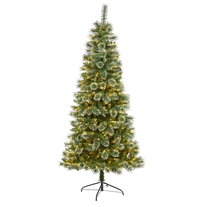 7’ Pre-Lit Wisconsin Slim Snow Tip Pine Artificial Christmas Tree, Clear LED Lights - 8 Foot