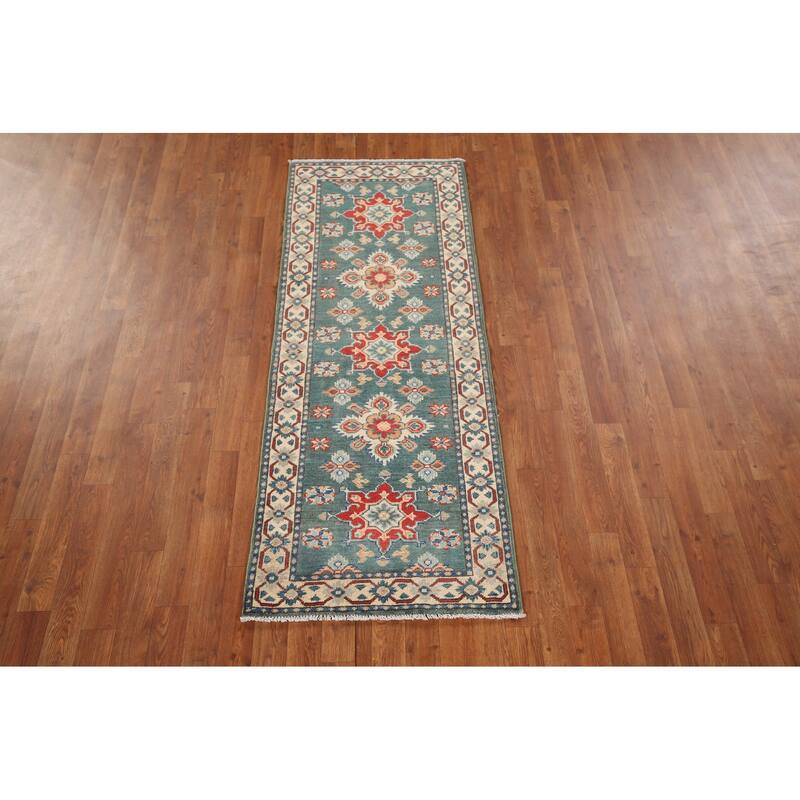 Geometric Green Kazak Oriental Runner Rug Hand-Knotted Wool Carpet - 2'3" x 5'11"