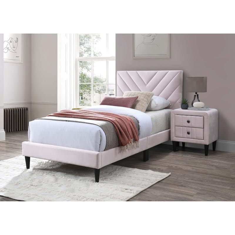 Adjustable Velvet Twin Bed with V-Stitch Headboard & 12-Slat Support - Light Pink