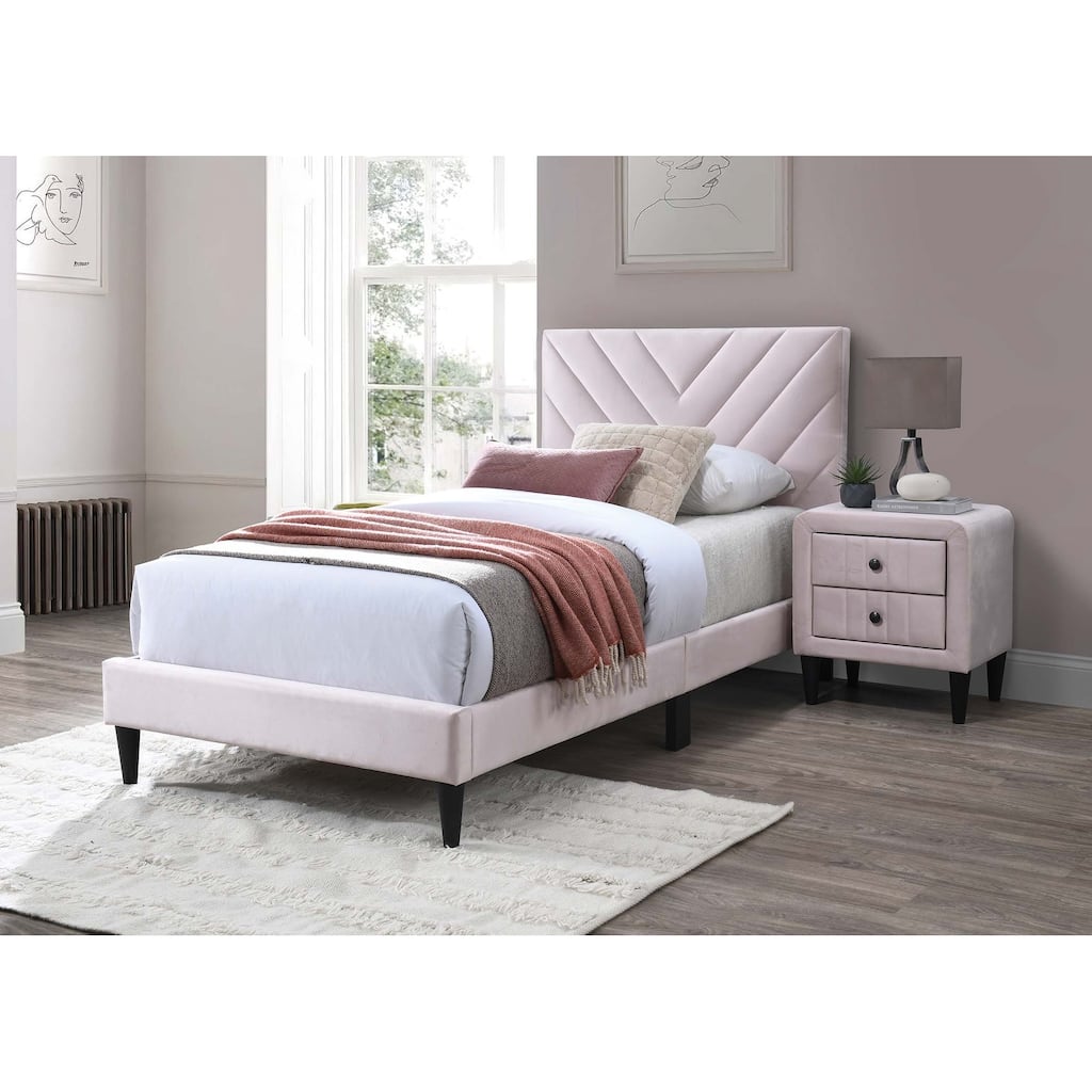 Adjustable Velvet Twin Bed with V-Stitch Headboard & 12-Slat Support