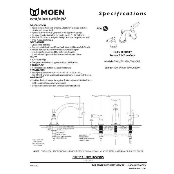 Shop Moen T933 Deck Mounted Roman Tub Filler Trim From The