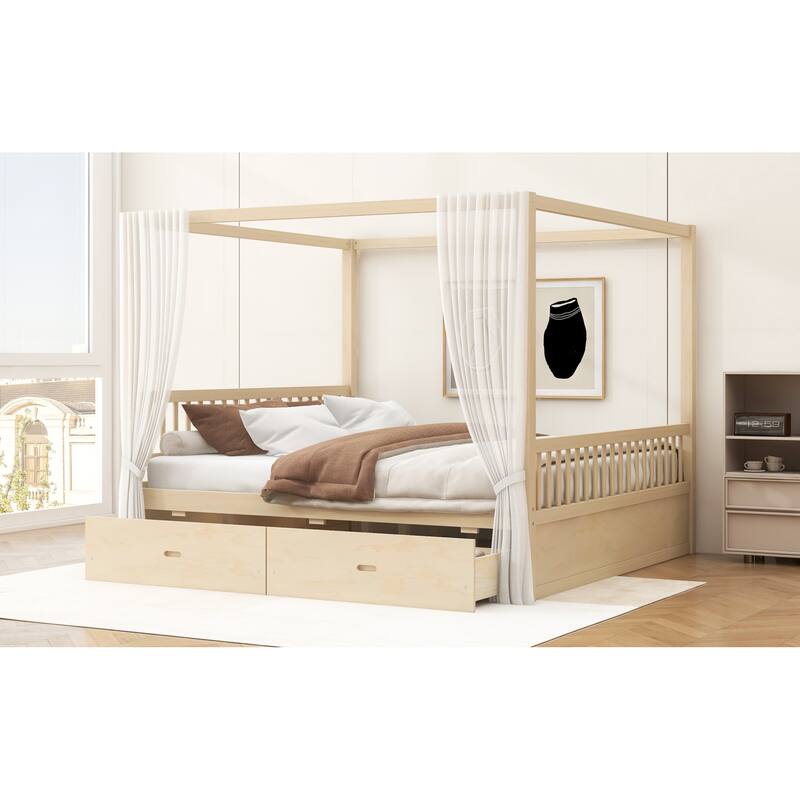 Roomfitters Queen/King Wooden Canopy Bed with 2 Storage Drawers, Solid Wood Frame, Walnut