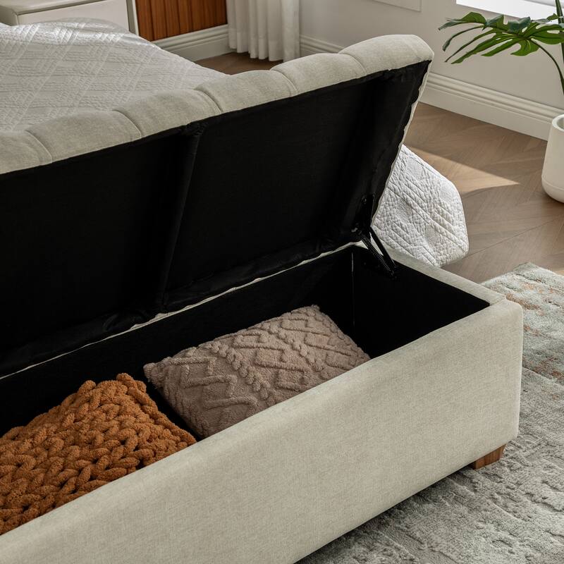60.2" Chenille Upholstered Storage Bench, Tufted Flip-Top Ottoman with Legs, Accent End-of-Bed Bench Window Seat
