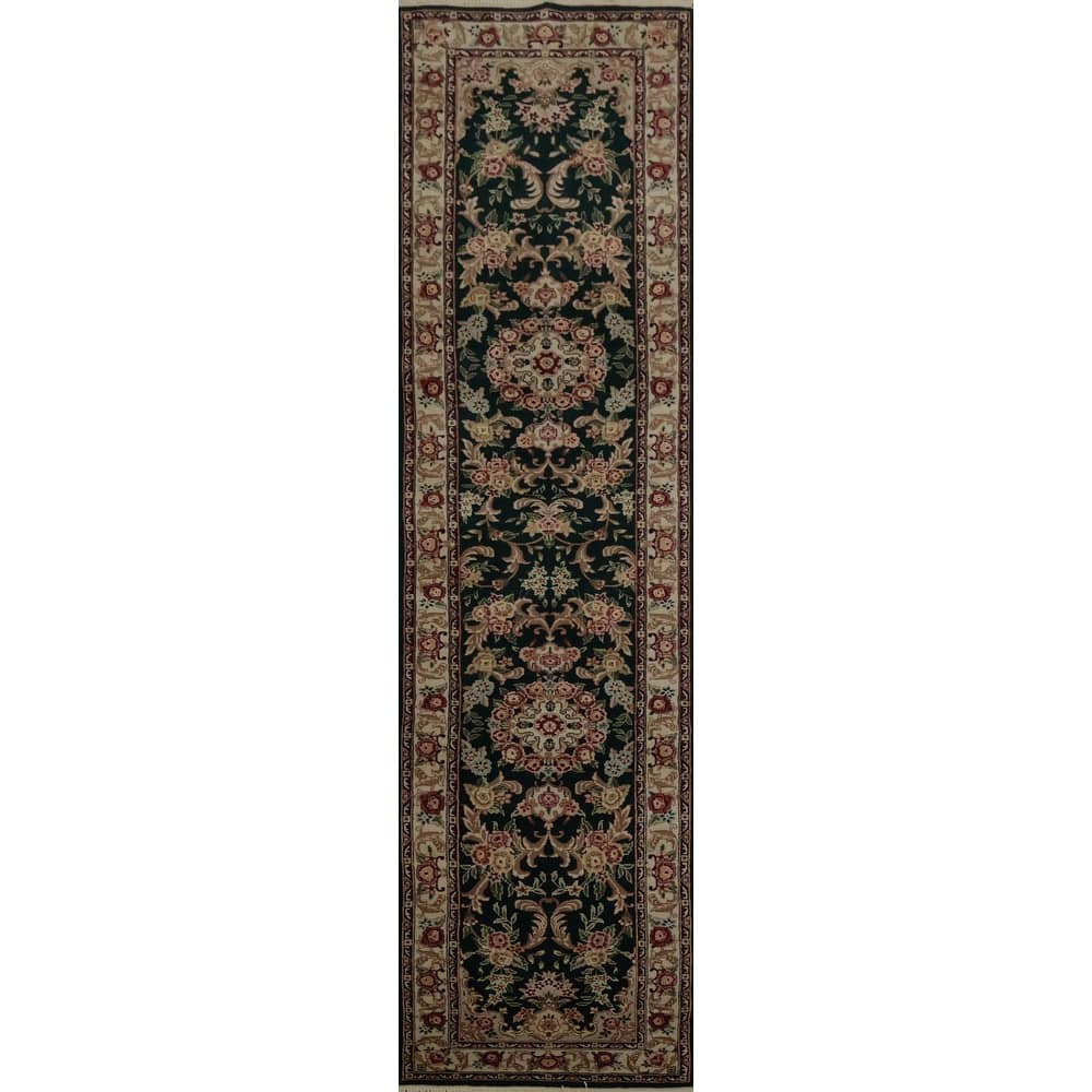 Hand Knotted Oriental Wool & Silk Carpet Traditional Floral Green Kashan Runner Rug - 10' 1'' X 2' 3''