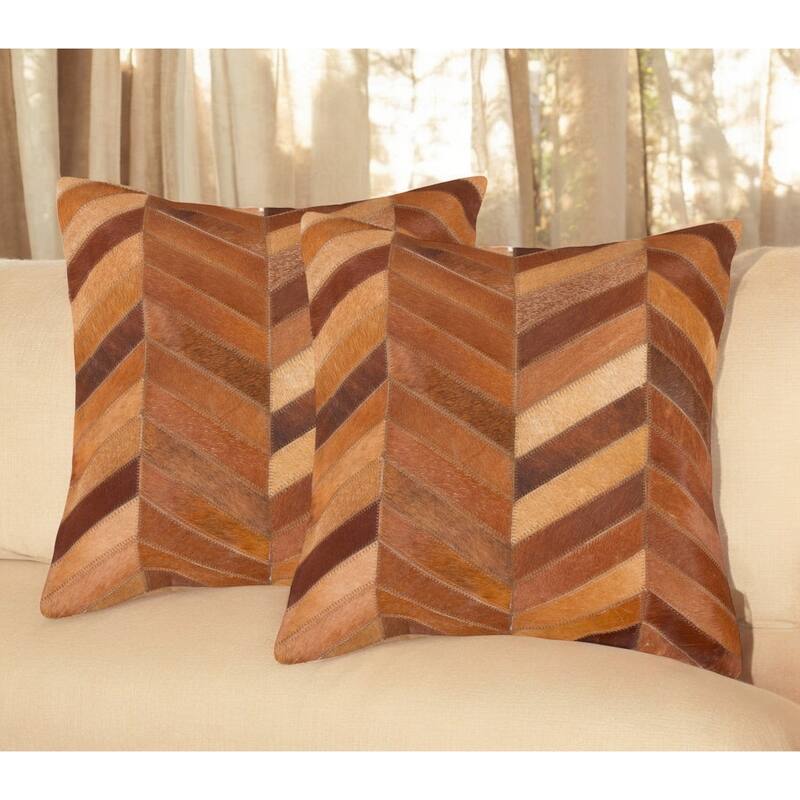 Set of Two 18" Tan Chevron Cowhide Throw Pillows - Tan