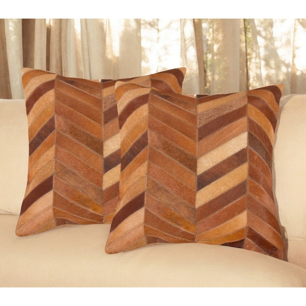 Set of Two 18" Tan Chevron Cowhide Throw Pillows