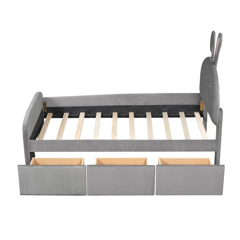 Velvet Platform Bed with Rabbit-Shaped Headboard,Drawers and Bed-End Storage Pocket