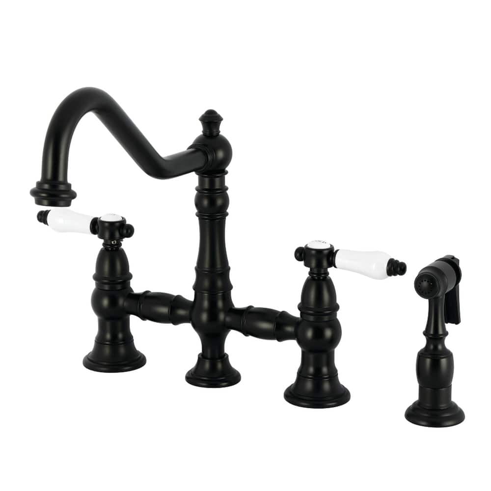 Kingston Brass Bel-Air Two-Handle 4-Hole Deck Mount Bridge Kitchen Faucet with Brass Side Sprayer