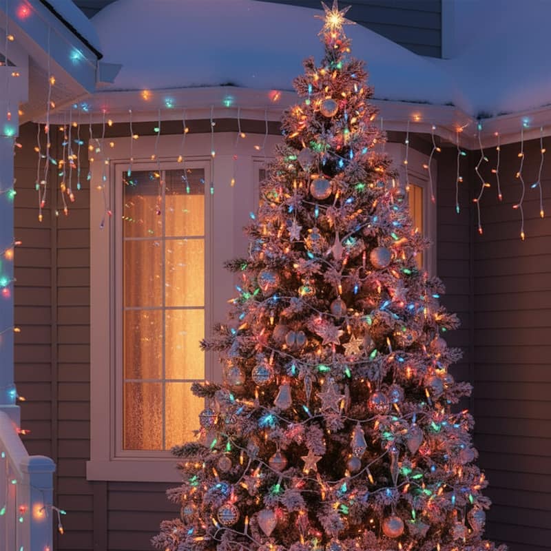 Mini LED Icicle Christmas Lights - Multicolor - 18' White Wire - 300ct