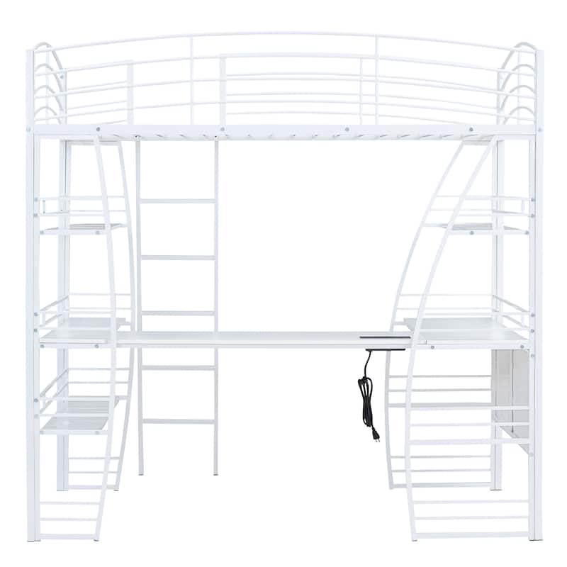 Metal Loft Bed Frame, Under Bed with 4 Layers of Shelves & L-shaped Desk, Desktop with Sockets, USB Ports, Wireless Charging