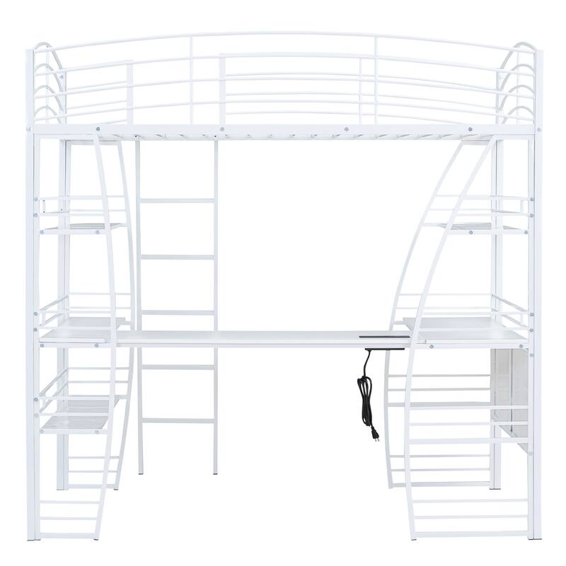 Twin Size Loft Bed with 4 Layers of Shelves and L-shaped Desk, with a set of Sockets, USB Ports and and Wireless Charging