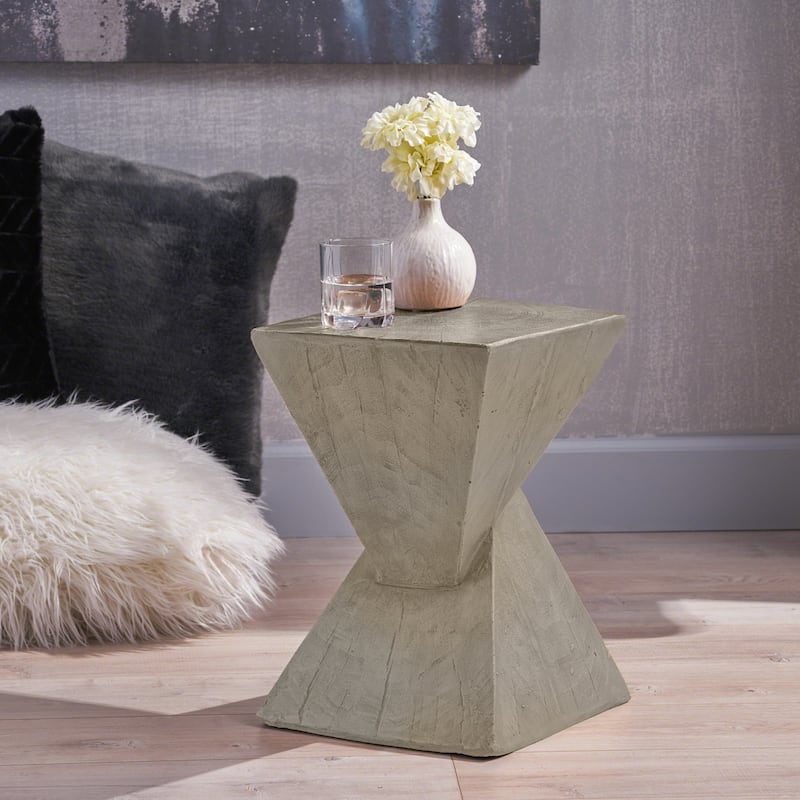 Roomfitters Hourglass MGO Side Table with Wood-Like Texture and Sculpted Angled Base, Modern Indoor Accent Piece