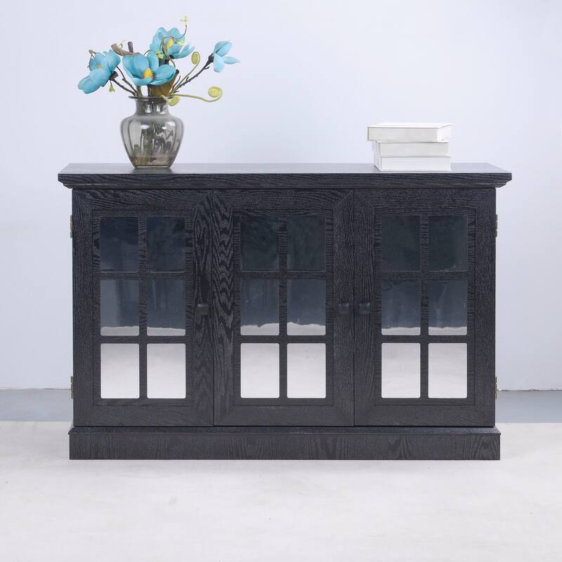 45" W Storage cabinet with 3 mirrored acrylic doors, sideboard with adjustable shelves for living room, dinning room