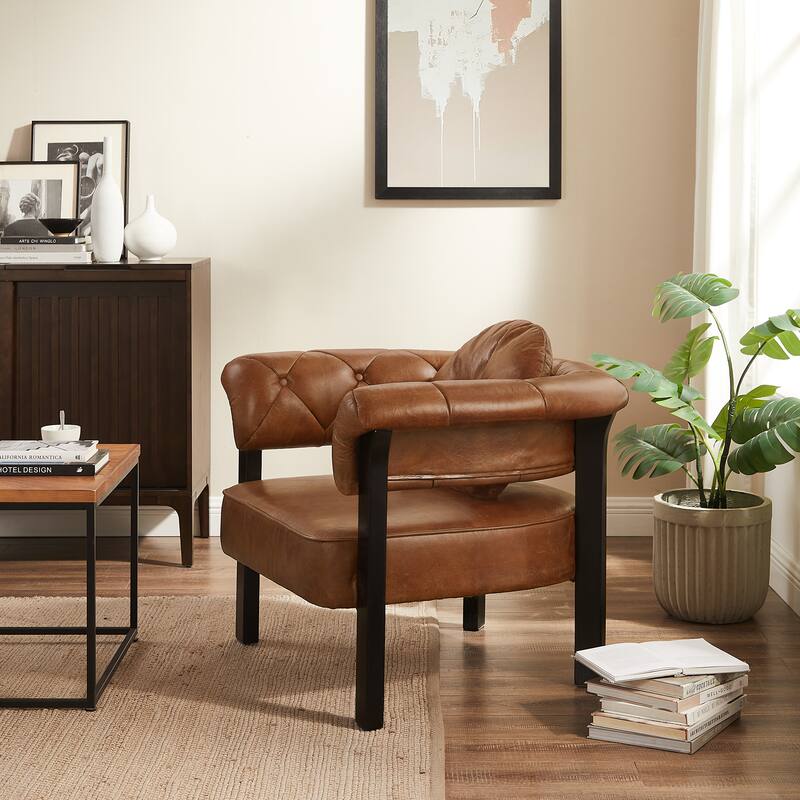 Art Leon Mid-century Top Grain Leather and Wood Accent Chair