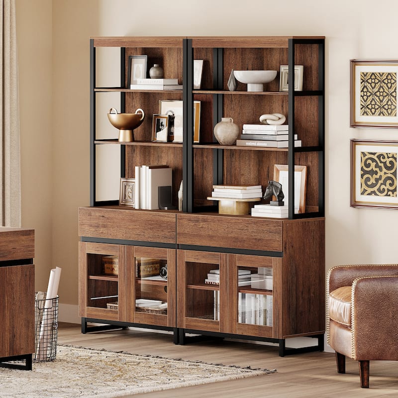 2 PCS Modern 72" Tall Buffet Cabinet with 2 Drawers and Open Shelves, Storage Cabinet for Dining Room or Kitchen