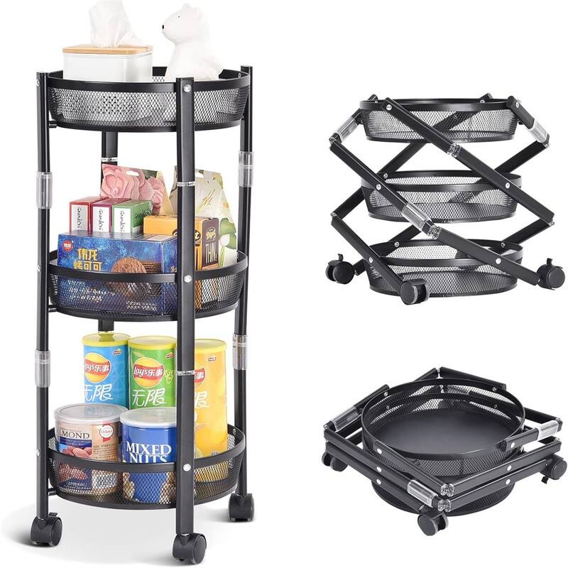 3 Tier Metal Storage Rolling Cart Foldable Utility Cart - 11.02"D x 11.02"W x 28.3"H