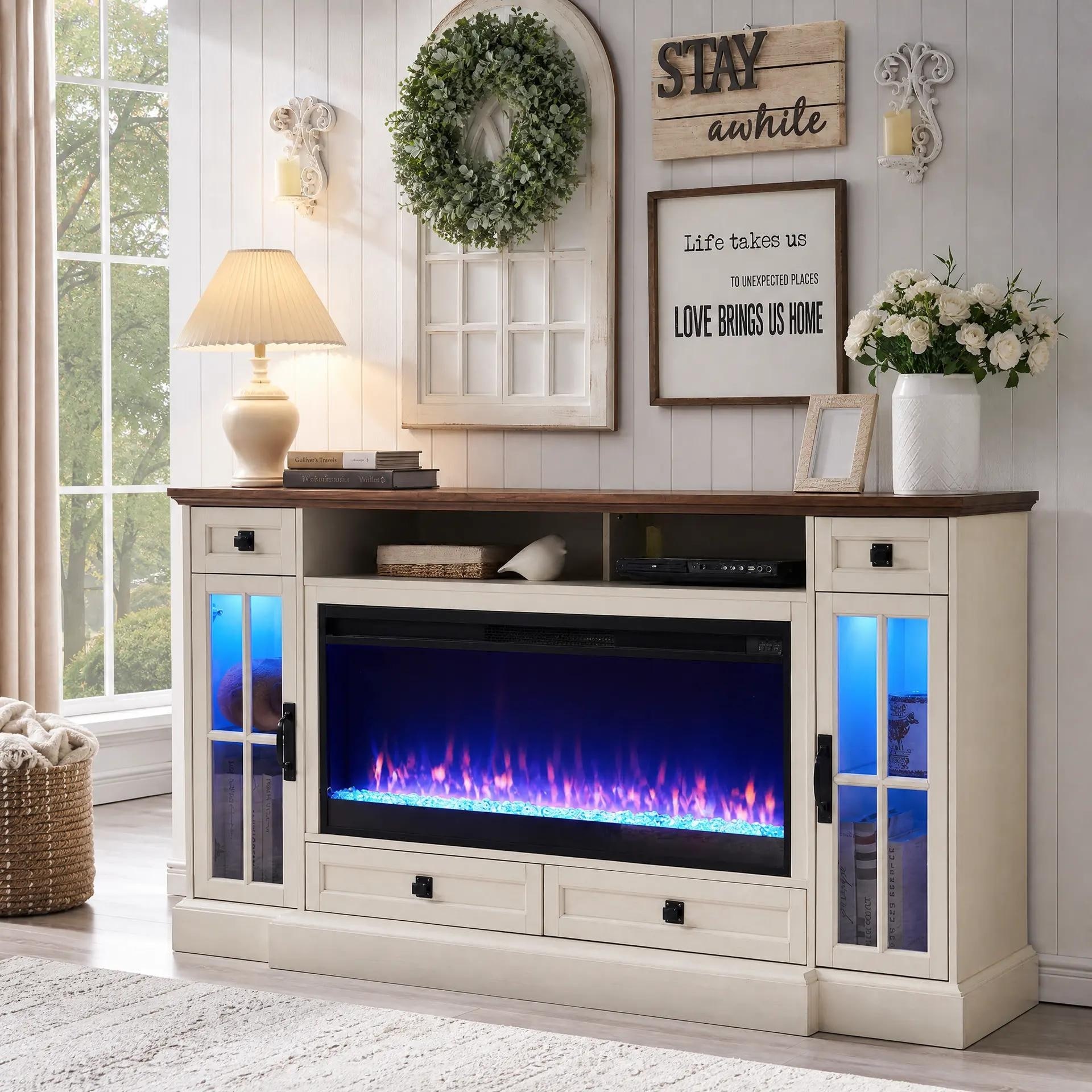 Farmhouse Fireplace TV Stand for 80 Inch TV, w/ LED Lights, Storage