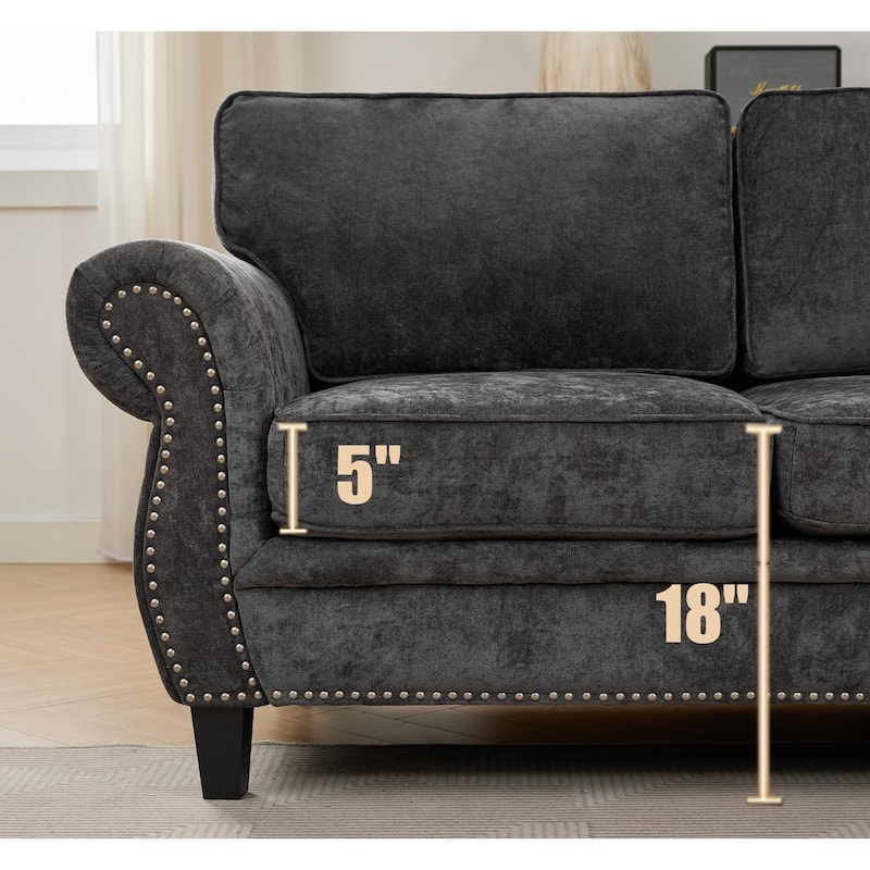109.5" Chenille 6-Seater L-Shaped Sectional Sofa with Rivets Decorated Rolled Armrests,Cushions, and Wood Frame