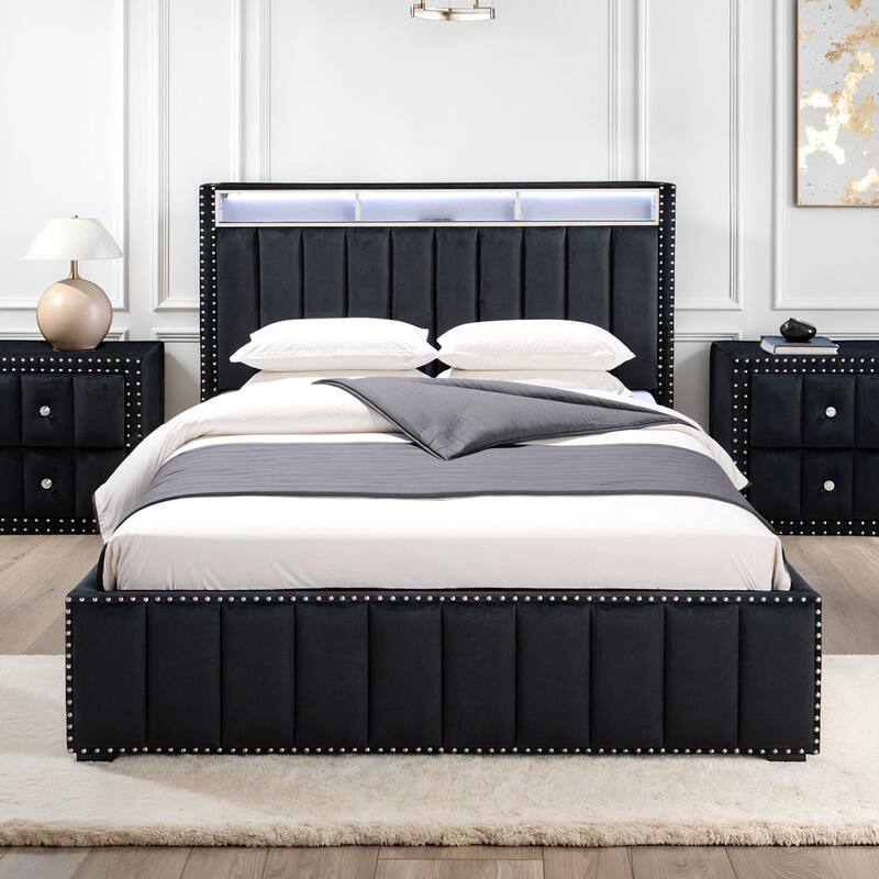 Contemporary Black Finish Upholstered LED Platform Bed 1PC