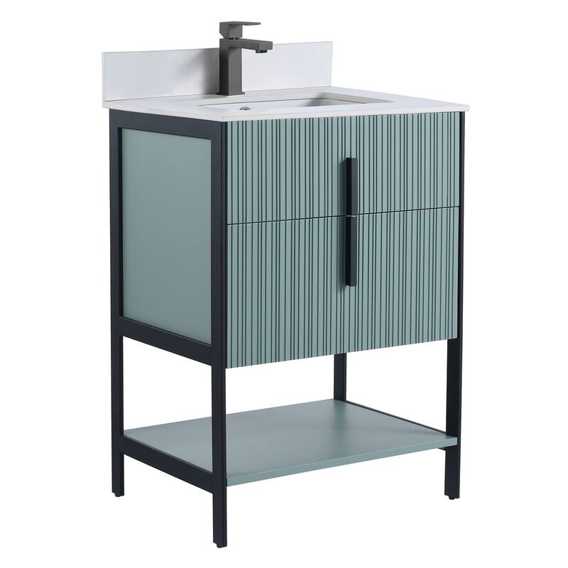 Fine Fixtures Serenity Modern Bathroom Vanity with White Stone Top - Mint Green - Black Hardware - 24 inch
