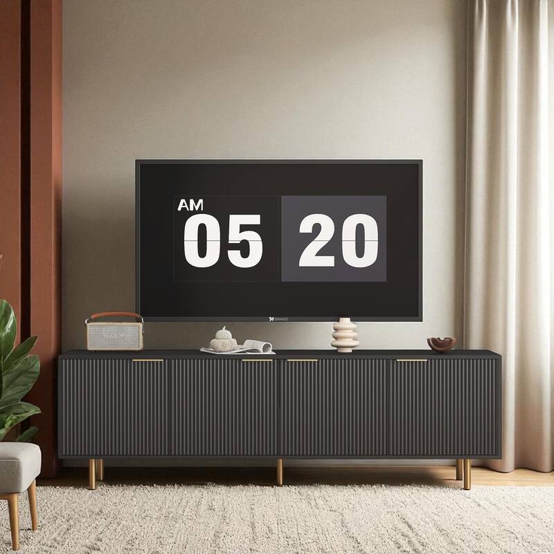 Modern Fluted TV Stand with 4 Storage Cabinets & Gold Legs, Entertainment Center for 55 Inch to 70 Inch TVs - Black