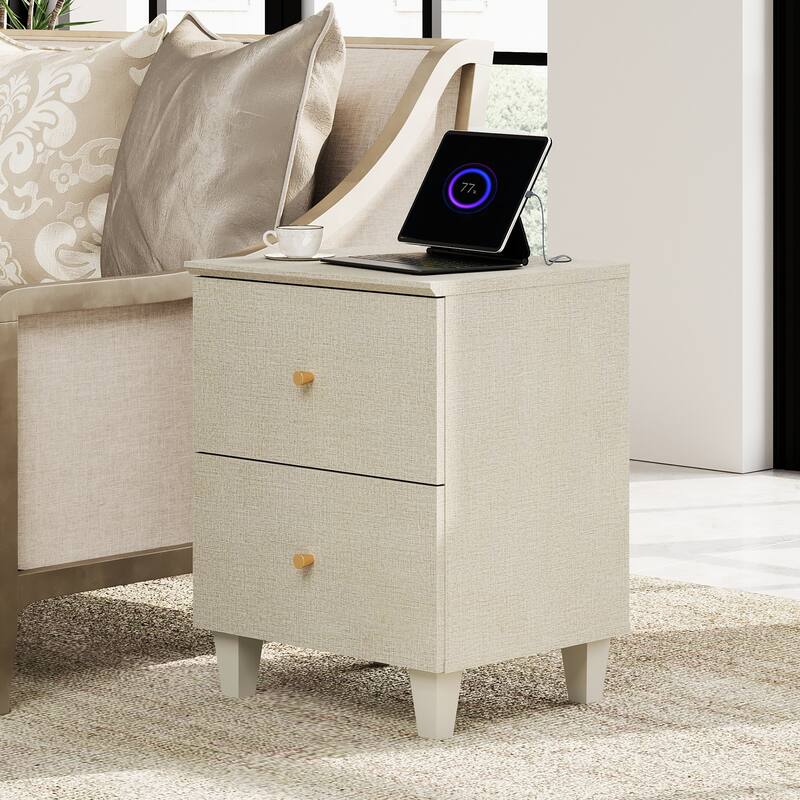 WAMPAT End Table with Charging Station and 2 Drawer for Living Room