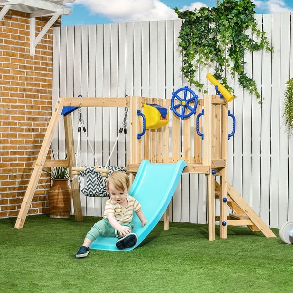 slide 2 of 9, Outsunny 3 in 1 Wooden Swing Set with Slide, Baby Swing Seat, Fort, Wheel, Telescope, Mailbox, 1.5-4 Years Old, 67"x79"x46.5" Natural/Blue/Yellow - 2-4 Years