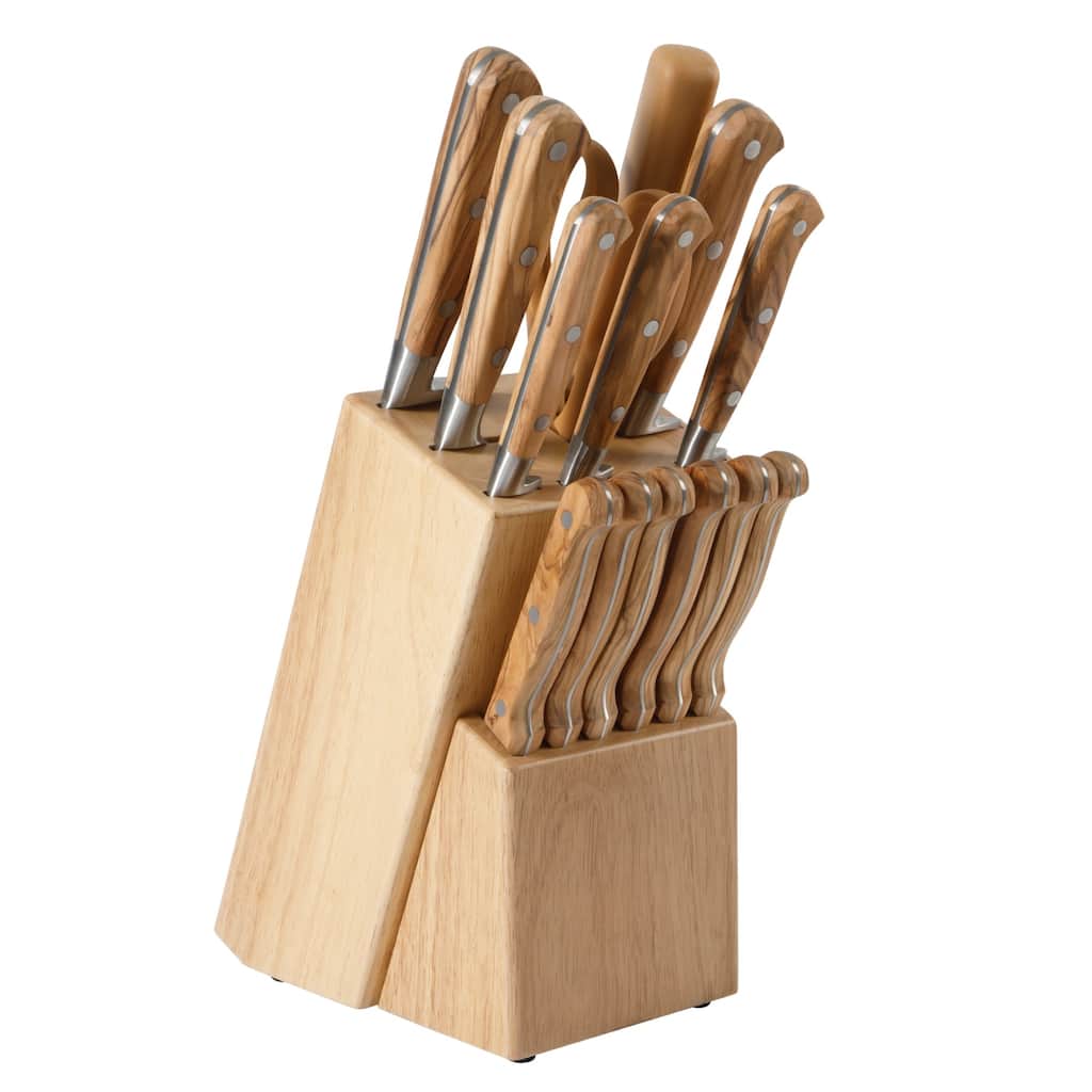 Martha Stewart 15 Piece Austenwood German Stainless Steel Cutlery Knife Block Set W/ Italian Olive Wood Forged Handle