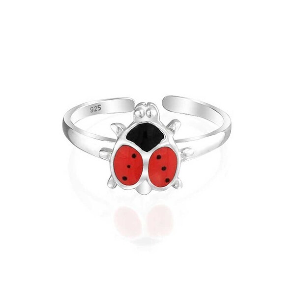 Lucky Red Black Ladybug Shape Garden Midi Thin Band Toe Ring For Women 925 Silver Sterling Adjustable