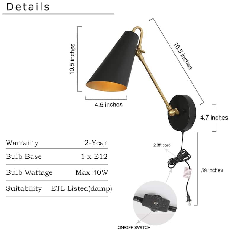 Modern Metal 1-Light Black Gold Swing Arm Light Plug-in/ Hardwired Adjustable Wall Sconces - 4.7 " L × 16.1 " W × 11.8 " H