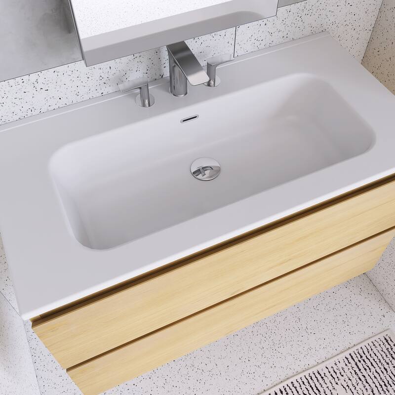 Floating Integrated Bathroom Vanity with Ceramic Sink, Three Faucet Holes