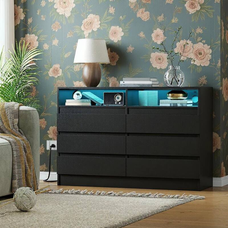 6 Drawer Dresser, with LED Lights and USB Charging Station - Black