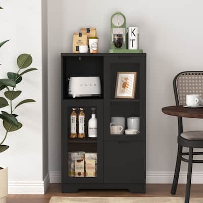 Floor Cabinet with 2 Glass Doors and 2 Storage Space for Living Room, Bathroom and Entryway, Storage Cabinet
