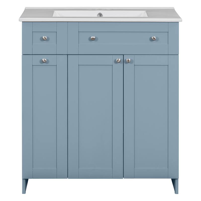 30-Inch Blue Bathroom Vanity with Undermount Ceramic Sink, Soft Close Doors, Ample Storage, and Silver Accents - 18in L MDF