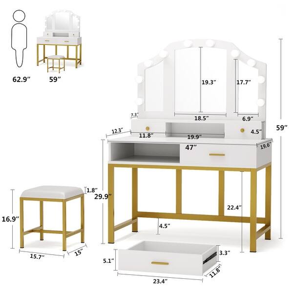 Makeup Vanity Dressing Table Stool Set With Lighted Mirror 4 Drawers White Gold White Gold Overstock 31812677