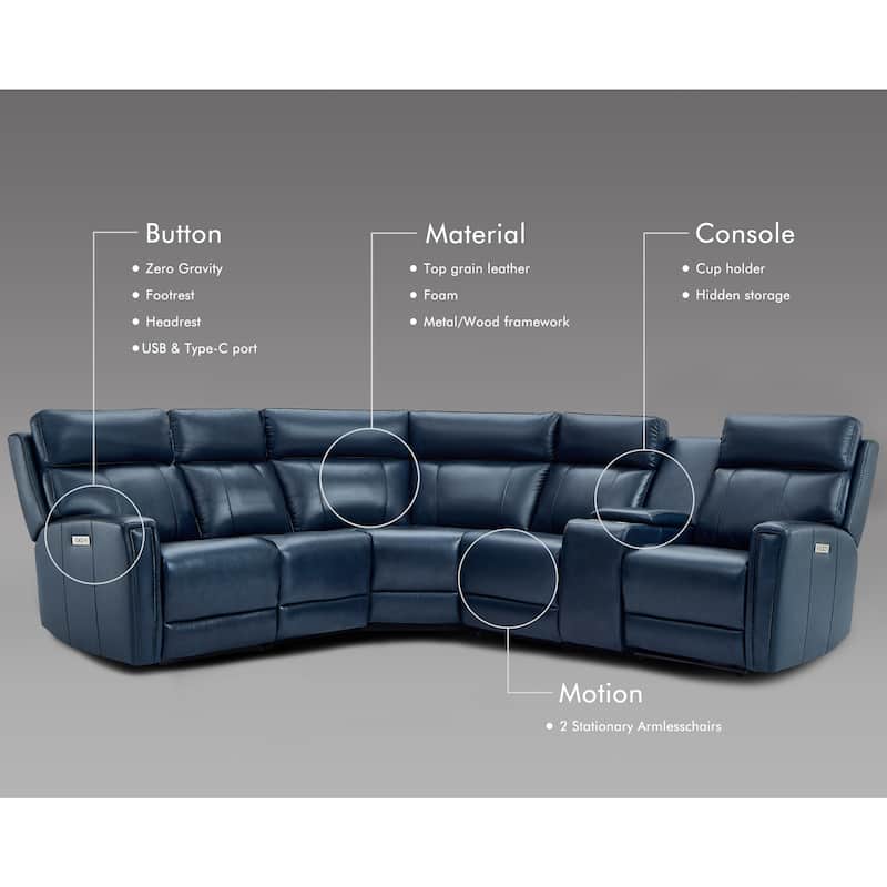104" W 6 Seater Genuine Leather Power Sectional and 39" W Recliner Set with Zero Gravity, USB Ports, 2 Stationary Armlesschairs