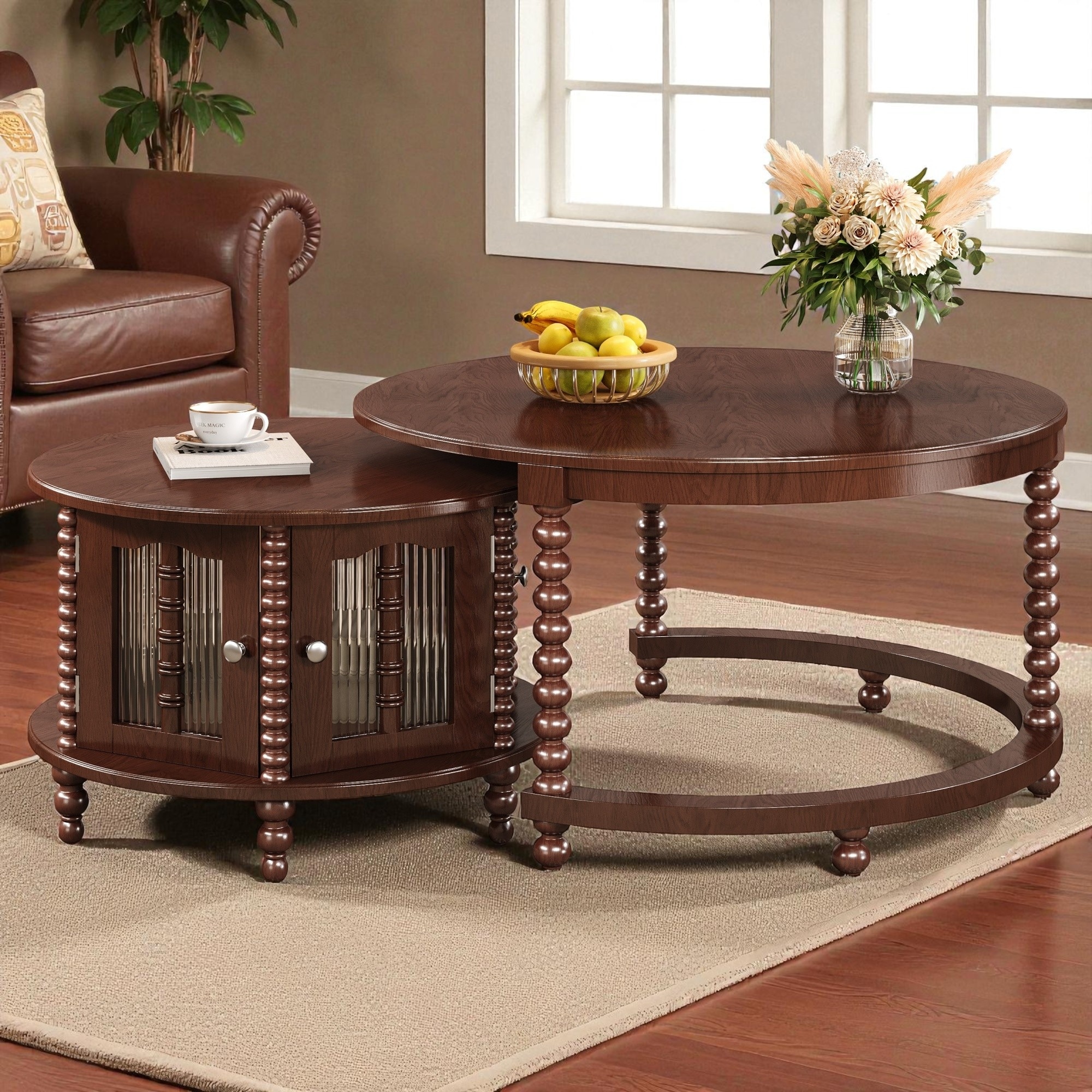 Vintage Round Nesting Coffee Table, 31.5" Walnut Finish with Bamboo Glass Doors & Beaded Legs, Retro Storage Accent Table