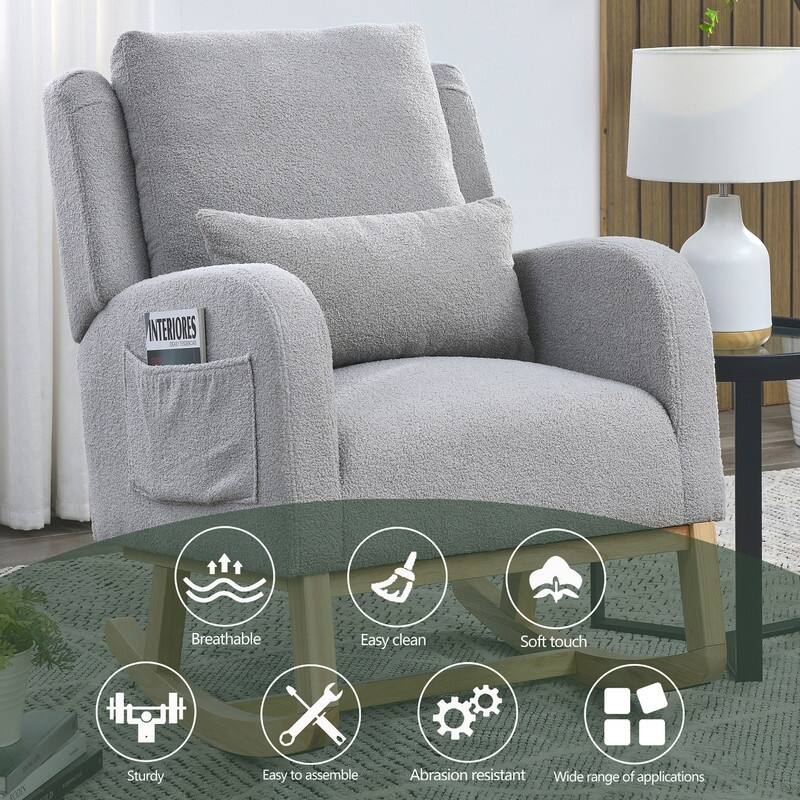 Grondin Modern Style Rocking Chair, Teddy Fabric Upholstered Nursery Rocker with Side Pockets