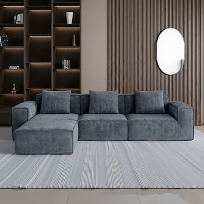 118 inch Modular Sofa Convertible Oversized Sofa Bed Corduroy Velvet 3 Person with Footrest Gray