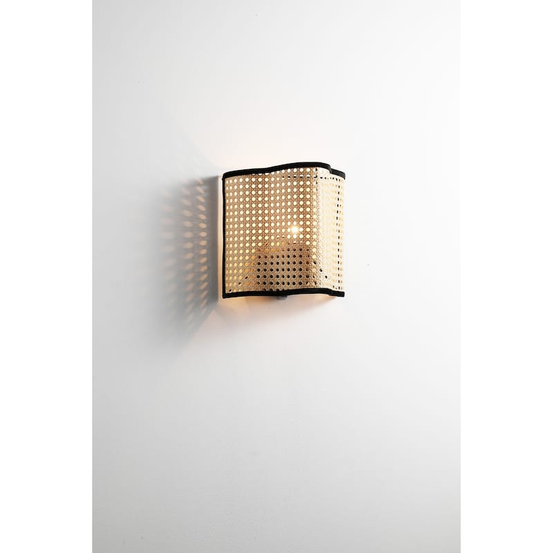 VidaLite Mid Century Bohemian Wall Scounce with PVC Rattan and Velvet Shade