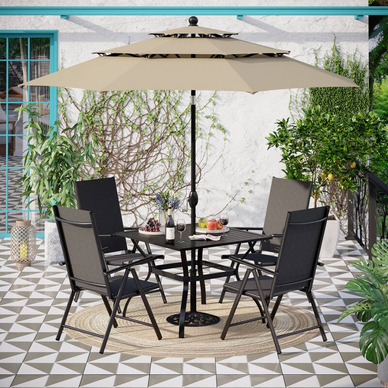Outdoor 6-piece Patio Dining Set, 1 Square Metal table, 4 Adjustable Folding Chairs and 10ft Umbrella