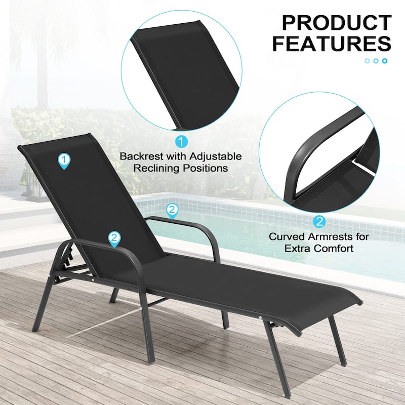 Crestlive Products Outdoor Adjustable Reclining Chaise Lounge Chair with Armrest