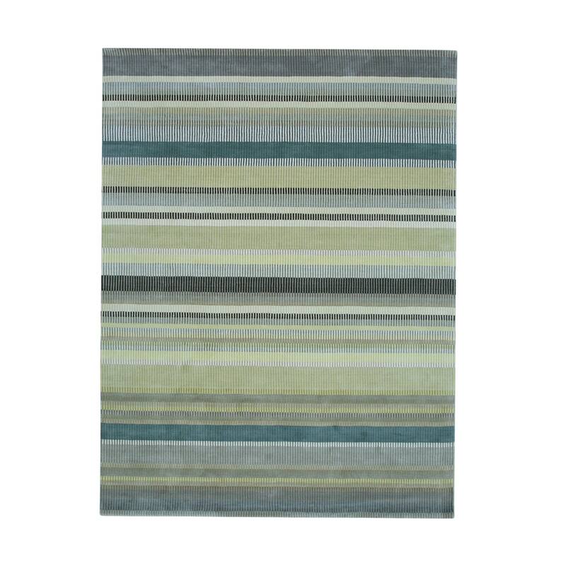 Light Green Hand-Knotted Wool Knotted Striped Rug, 8' x 10', soft cozy area rug - L