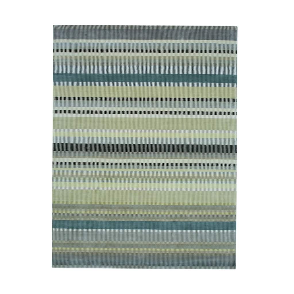 Light Green Hand-Knotted Wool Knotted Striped Rug, 8' x 10', soft cozy area rug - L