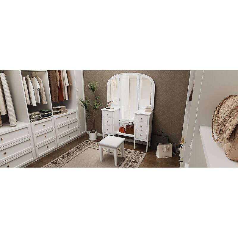 Makeup Vanity Desk with Triple Mirror, 6-Drawer Dressing Table Set Including Stool, Full Length Mirror
