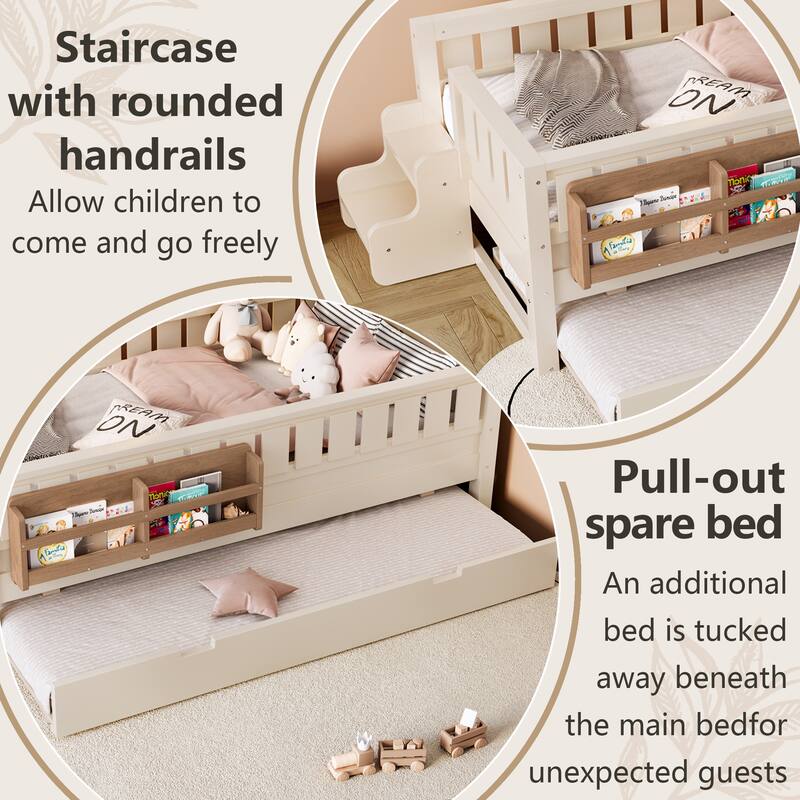 Twin with Built-in Bookshelves and Small Staircase, High-Quality Safety Rails, and Trundle